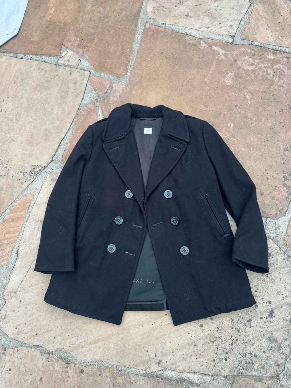 Black Wool Military Naval Peacoat 12R Double Breasted Anchor Button Officer Coat